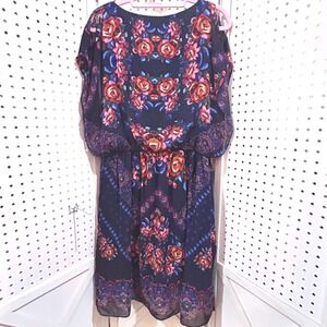 Signature by Sangria Navy Floral Mandala Print Cold Shoulder Dress Size 14